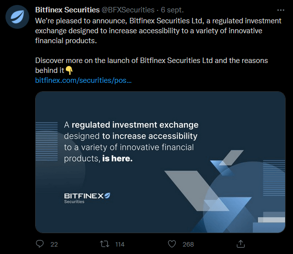 Bitfinex 证券 Twitter 帖子宣布在哈萨克斯坦推出其安全令牌平台
