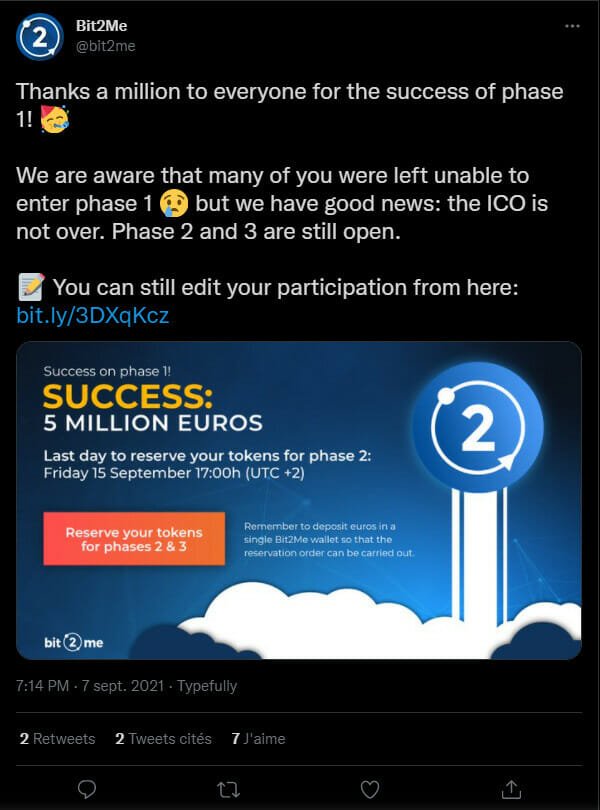 Bit2Me 推特出版物宣布第一个 ICO 成功