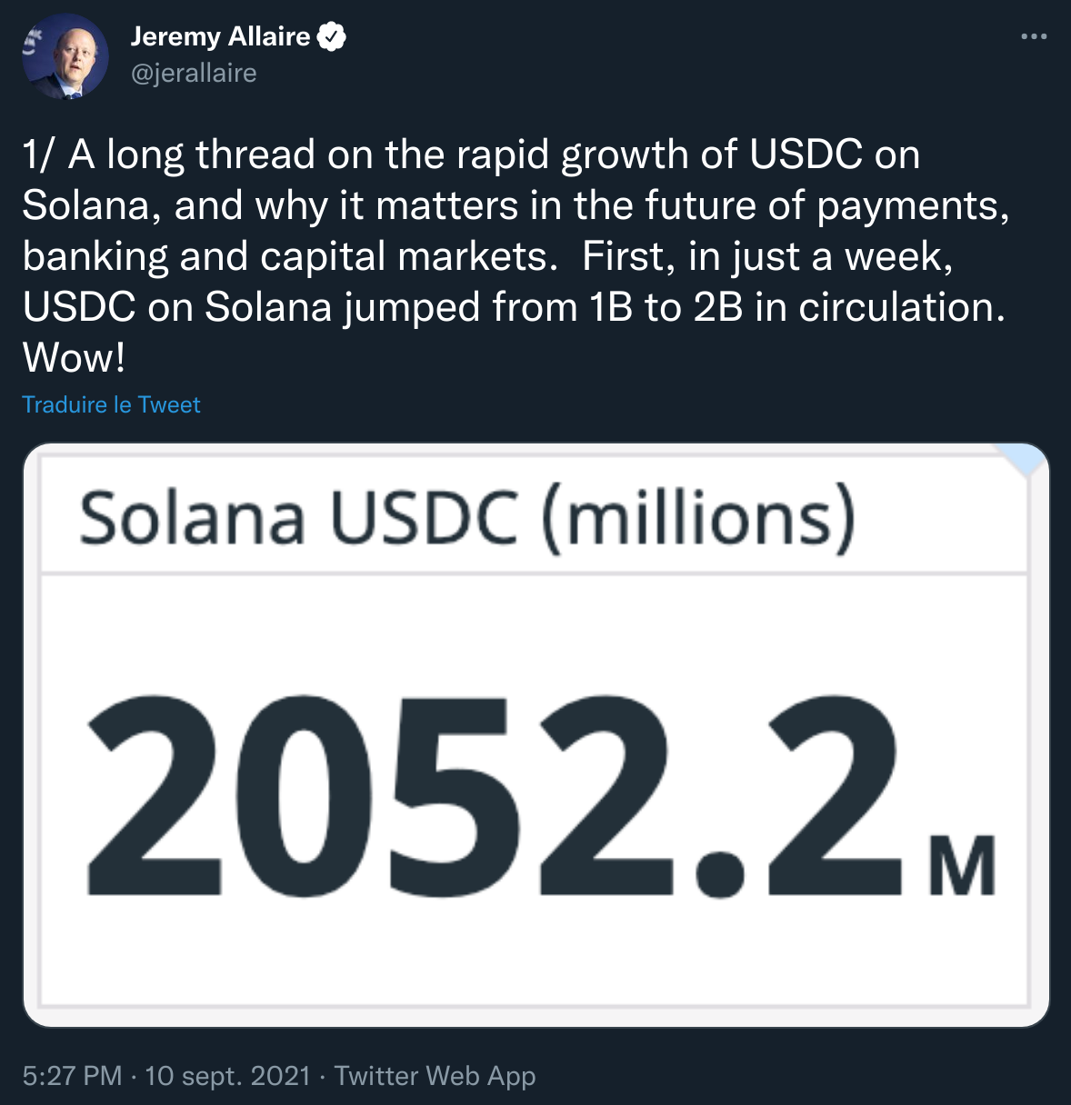 杰里米·阿莱尔 (Jeremy Allaire) 的 Twitter 帖子宣布 Solana 上有 25 亿美元的流通量