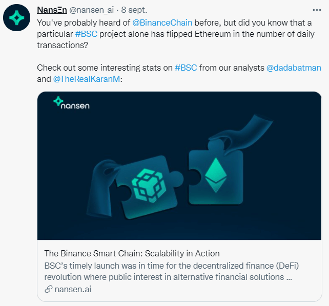 Nansen 的 Twitter 帖子展示了币安智能链 (BSC) 上的大量数据