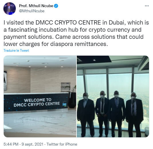 Mthuli Ncube 的 Twitter 帖子敦促他的国家在最近访问 DMCC 加密货币中心后投资加密货币