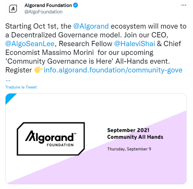 Alogrand 基金会的 Twitter 帖子宣布 Algorand 生态系统将使用去中心化治理模型