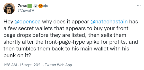 Zuwu 出版物注意到 OpenSea 产品经理 Nate Chastain 的内幕交易