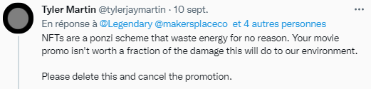Tyler Martin 的 Twitter 帖子，对 NFT 宣传“沙丘”电影发行不满意