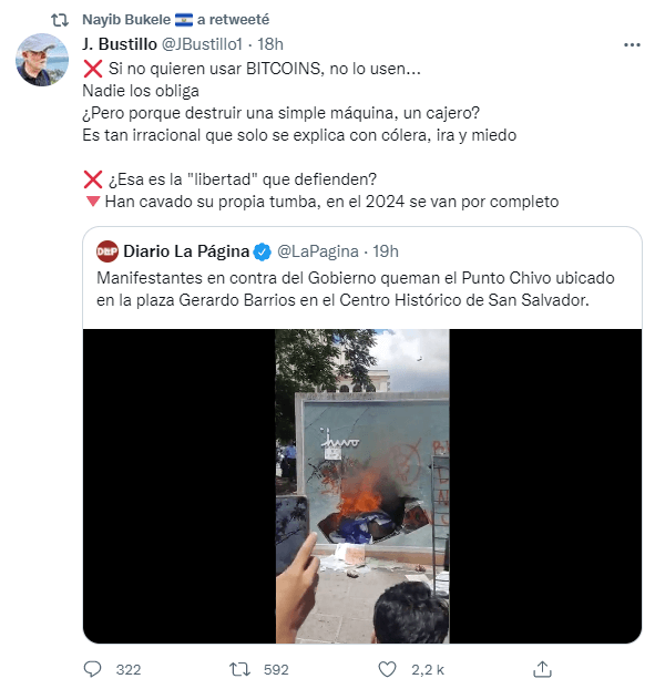 J. Bustillo 的 Twitter 帖子显示了他对萨尔瓦多比特币 ATM 销毁的误解