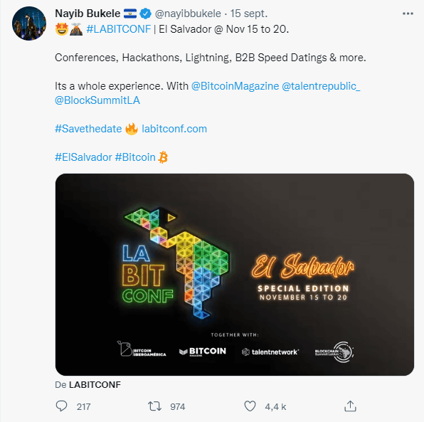 Nayib Bukele 的 Twitter 帖子介绍了 2021 年 11 月 15 日至 20 日在萨尔瓦多举行的 LABITCONF 活动