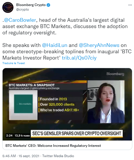 彭博社 Twitter 帖子宣布婴儿潮一代占 BTC Markets 325,000（向上）客户的 5%