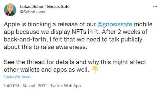 Lukas Schor 的 Twitter 帖子 - 苹果阻止 Gnosis 安全以太坊钱包更新，允许 NFT 购买