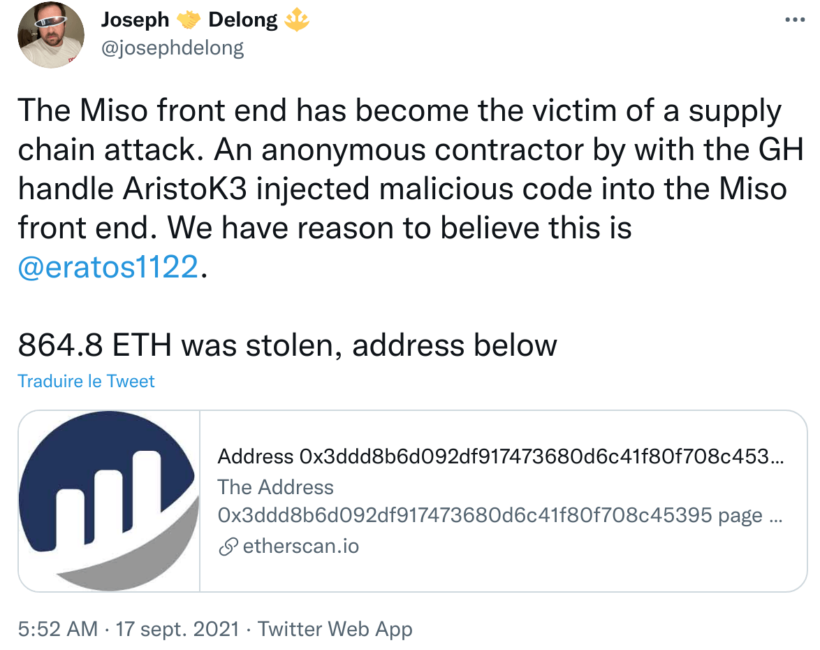 Joseph Delong 的 Twitter 帖子宣布 MISO 黑客和 864 个以太币的损失