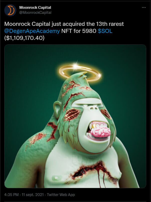 Moonrock Capital Twitter 宣布以 100 万美元收购 Solana 的 NFT