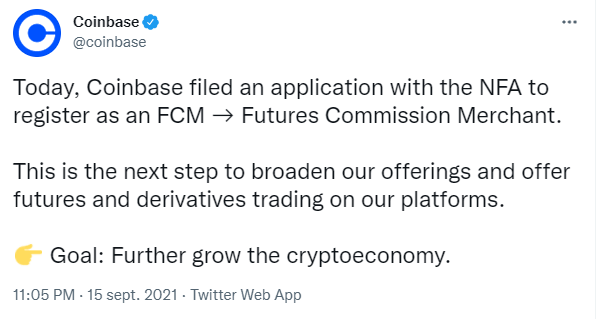 Coinbase Twitter 帖子宣布推出加密货币期货合约