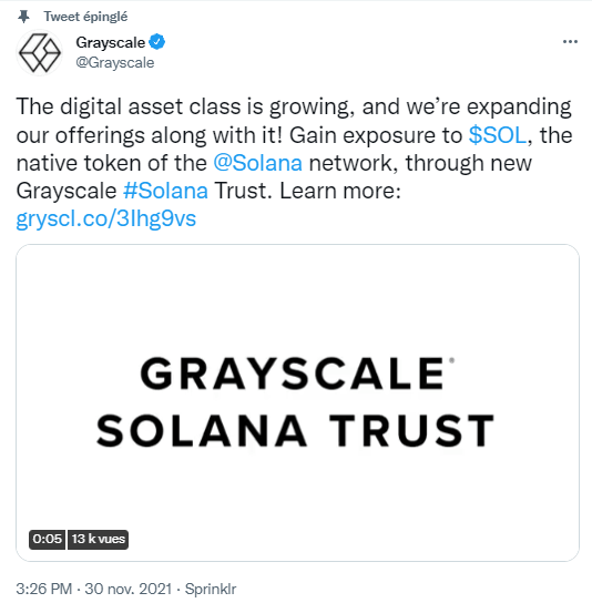 Grayscale 的推文宣布其新的 Solana 基金