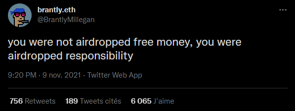 Twitter 帖子 Brantly Millegan - 责任空投