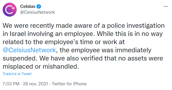 推特帖子Celsius - 团队通知警方以色列对 Yaron Shalem 首席财务官的调查