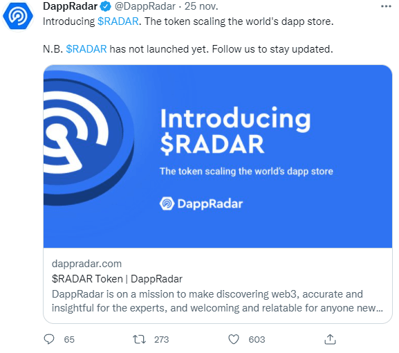 Twitter 出版物 DappRadar - RADAR 治理代币发布