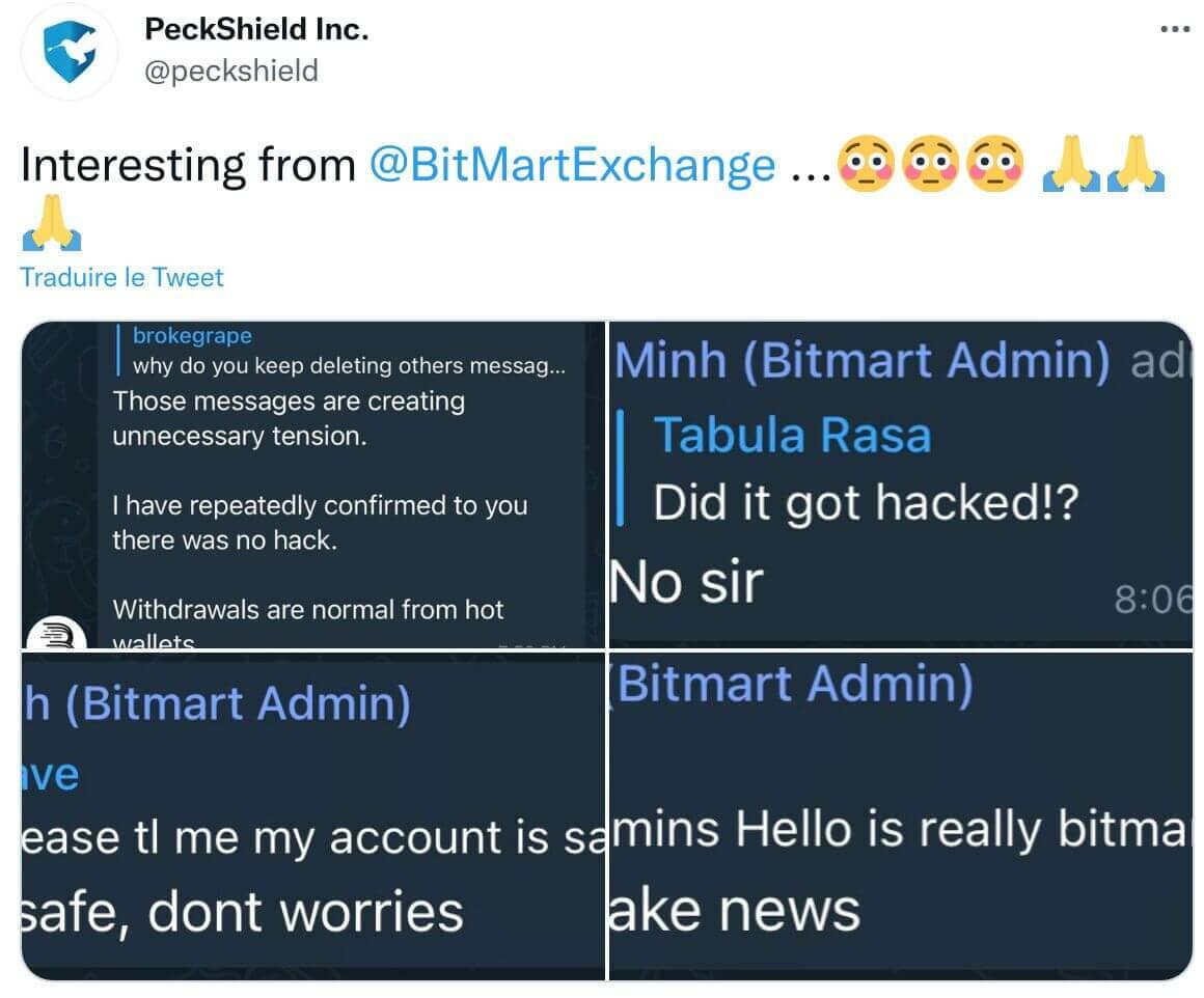 Peckshield Twitter 帖子 - BitMart 团队否认了这次攻击，称该消息是关于他们 Telegram 群组的假新闻。