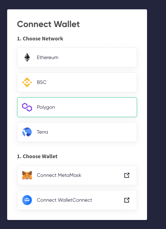 在 Orion Money 应用程序中选择 Polygon
