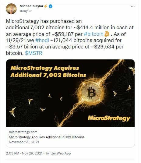 MicroStrategy 购买 7002 个比特币（额外的 BTC °