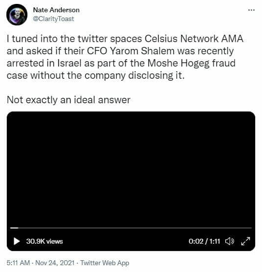 Twitter 帖子内特·安德森 - Celsius没有回应逮捕首席财务官 Yaron Shalem
