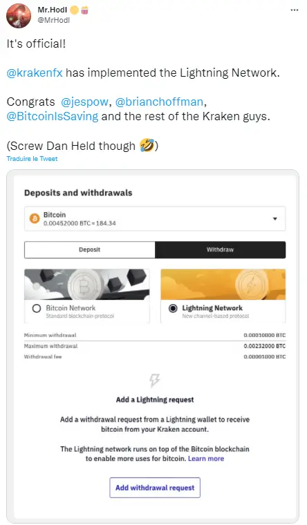 Hodl 先生的推文截图显示在 Kraken 上添加了闪电网络