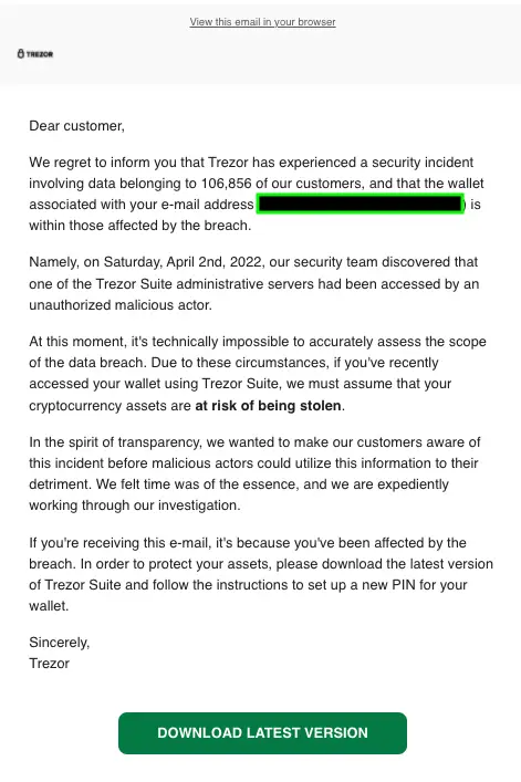 Trezor 用户收到的邮件 - 来源：Twitter。