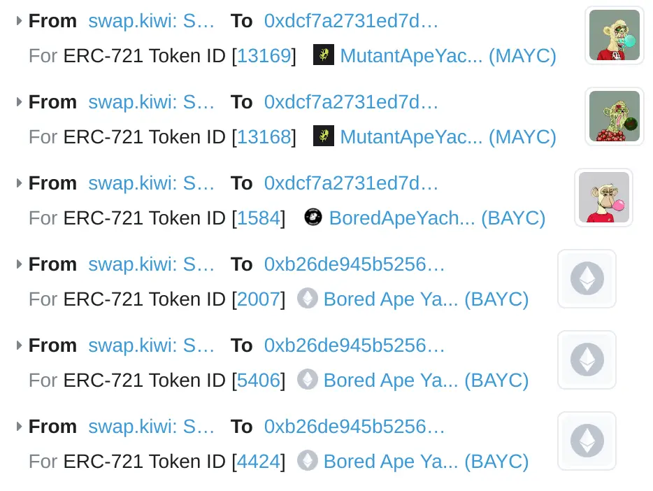 s27 的 NFT 与 3 个假冒 NFT 的交易所交易。