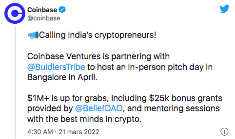 Coinbase 加密货币交易所与 Builders Tribe 合作登陆印度。 监管的首要后果和明确的法律框架。