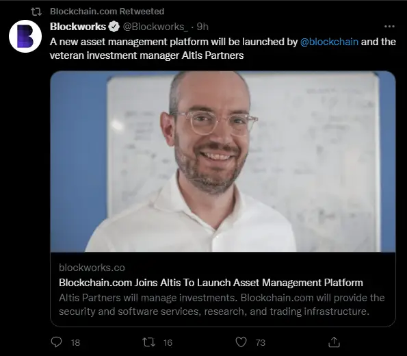 Blockchain.com 正在与投资公司 Altis Partners 合作推出一项新的资产管理服务。 