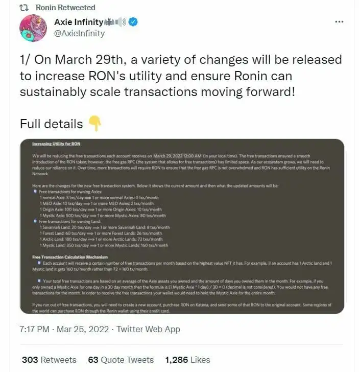 来自 Axie Infinity 的关于 Ron 新用途的推文