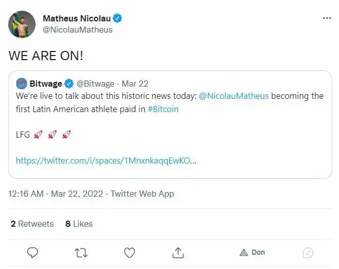 来自 Matheu Nicolau 的推文，他说他是比特币支付服务 Bitwage 的一员