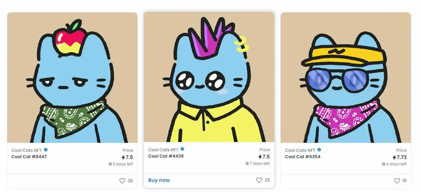 Cool Cats 系列中不同 NFT 的屏幕截图。