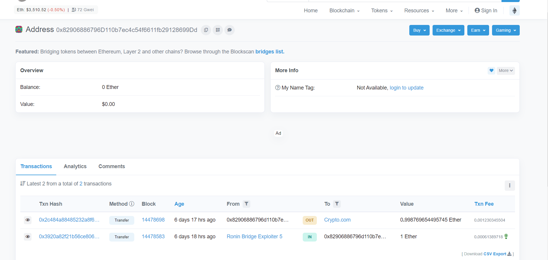 1 ETH 被发送到 Crypto.com 地址