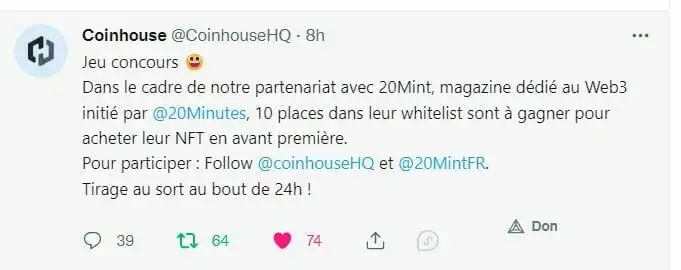 来自 Coinhouse 加密货币交易平台的推文，在白名单中提供 10 个位置以购买预览版 NFT。