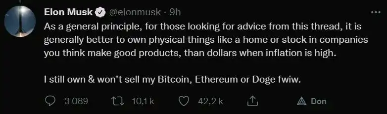 埃隆马斯克在推特上向他的社区提出建议，以抵制正在打击全球经济的通货膨胀。