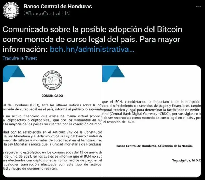 在多个谣言宣布比特币在该国成为法定货币之后，洪都拉斯中央银行的发展。