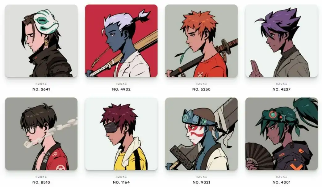 集合中的 10,000 个 NFT 中的一些 Azuki 示例。