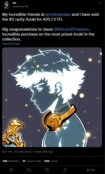 售价超过一百万美元的 Azuki #9605。 它是该系列中最稀有的两个之一。