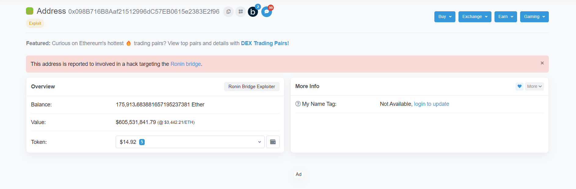 Axie Infinity 黑客的 Etherscan 地址