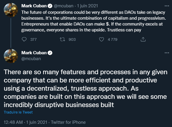 亿万富翁马克·库班关于 DAO 的推文