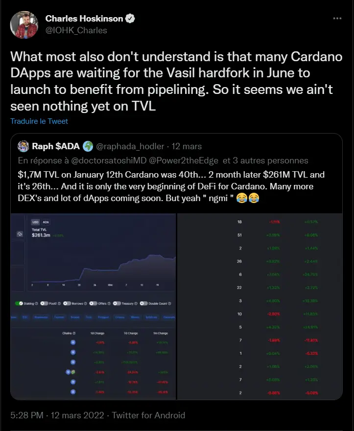 查尔斯·霍斯金森（Charles Hoskinson）通过推文回应了一位嘲笑卡尔达诺区块链上存在的少数 DeFi 协议的用户