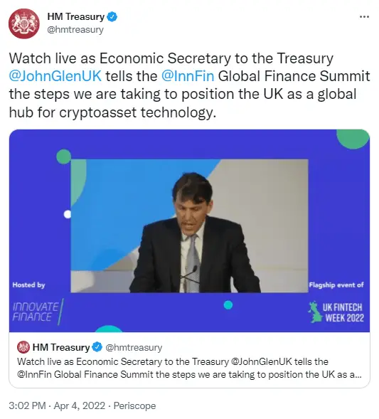 财政部长约翰格伦想要一个英国的加密货币“热点”。