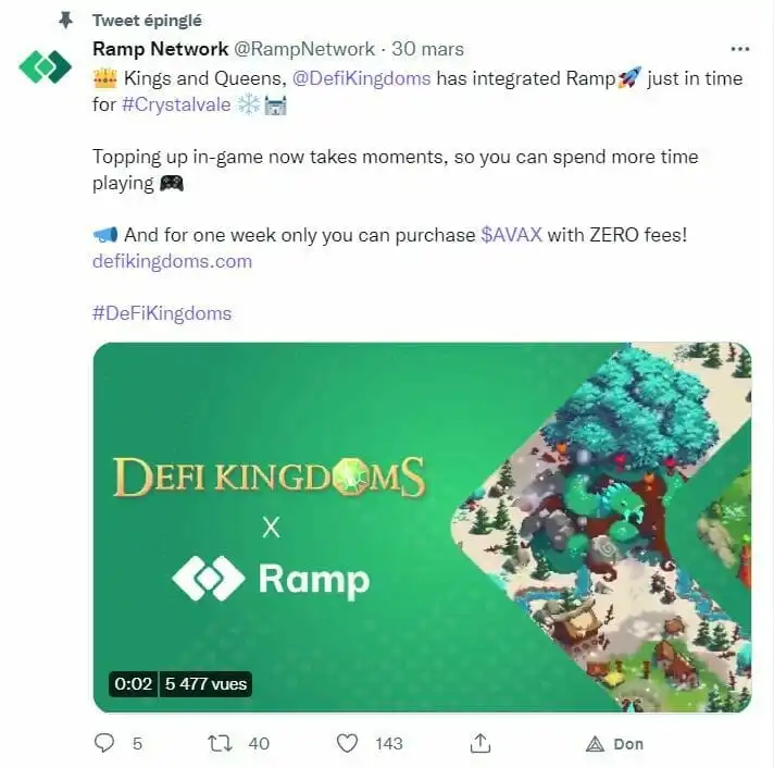 Ramp Network 与 Defi Kingdoms 集成的 Twitter 截图。