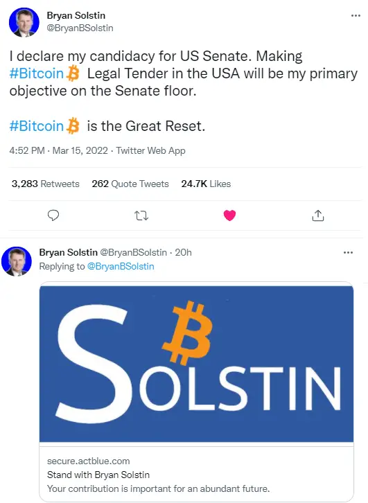 美国参议院候选人 Bryan Solstin 希望让比特币成为法定货币。