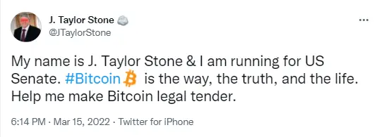 第二位候选人参议员想要使比特币成为法定货币。